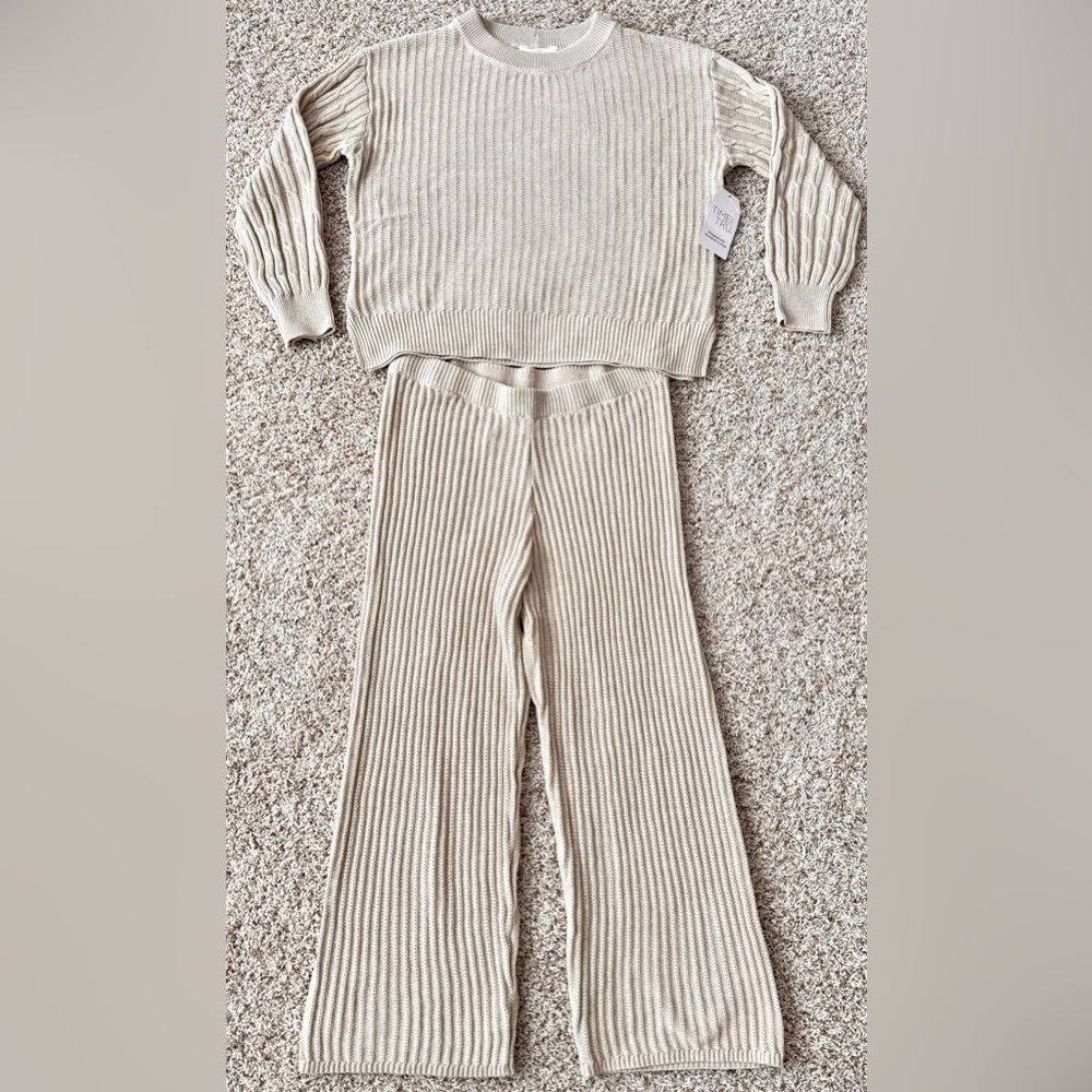 Womens Time & Tru Beautiful Knit Sweater & Pants Set 2-Piece Beige Poly Cotton M